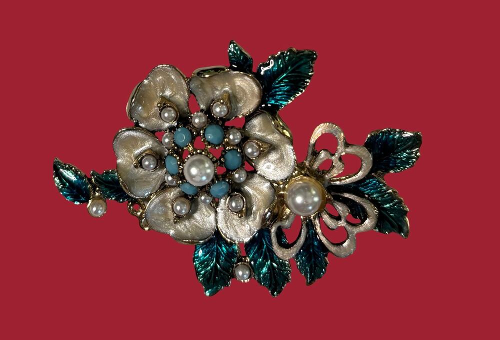 Vintage Monet Faux Pearl and Enamel Flower Brooch